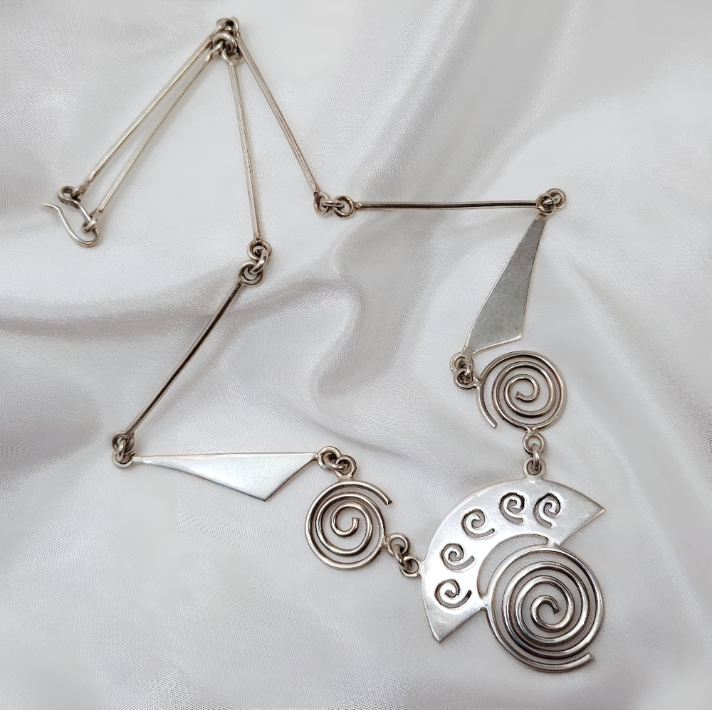 Vintage TAXCO Modernist Geometric Swirls Solid Sterling Silver Necklace 20 Inch
